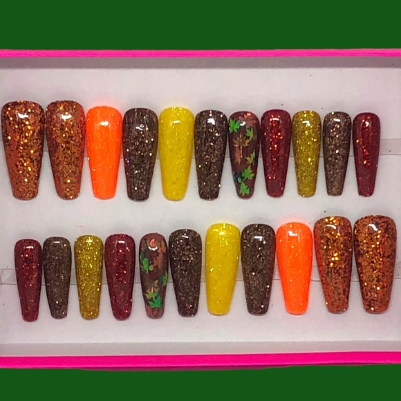Hand Crafted Other - Handmade Custom Press on Nails Long Coffin UV Gel Glitter Metallic Fall Leaves